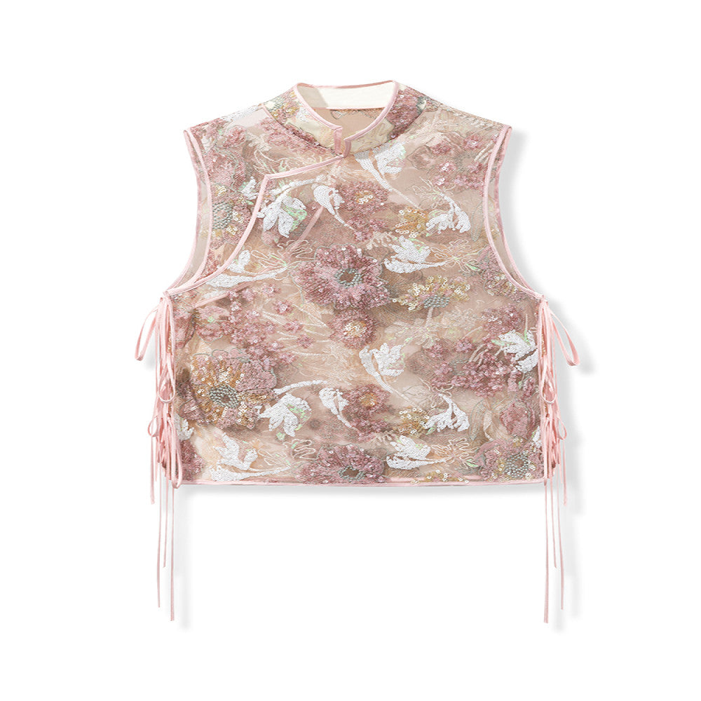 Spot Mi Jie same style heavy flower pattern floating line full embroidery new Chinese style national style mesh embroidery see through vest vest image 10