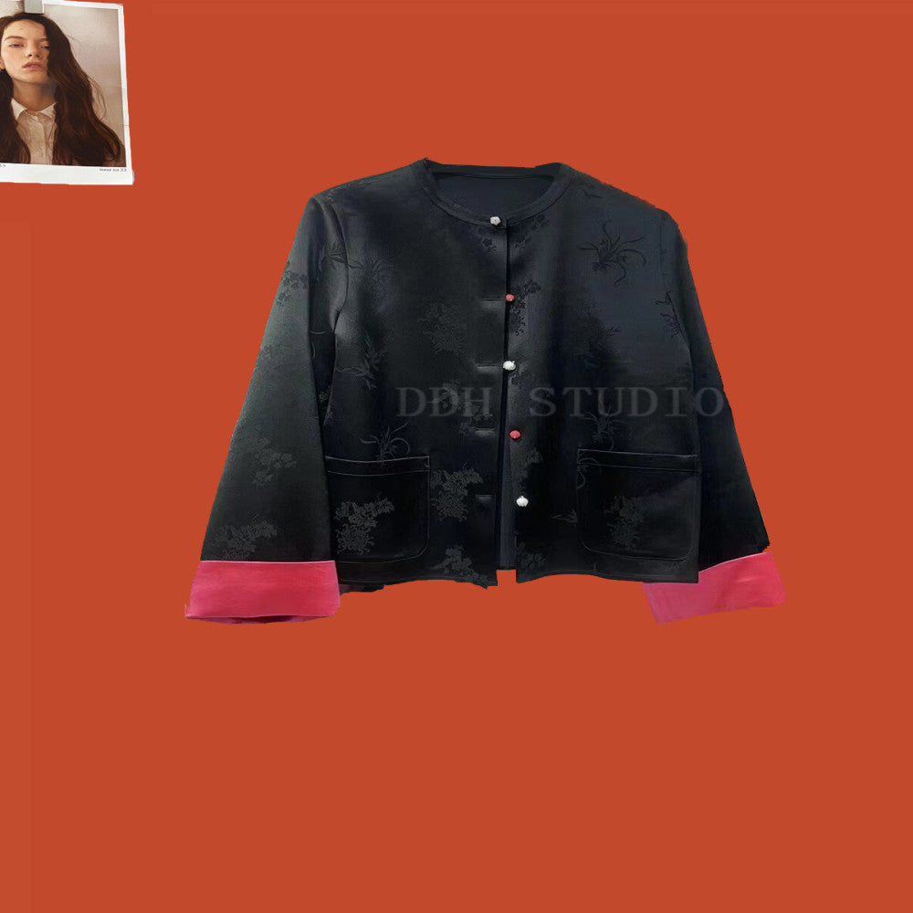 New Chinese style acetate satin jacquard jacket Early spring new button round neck short jacket top image 6