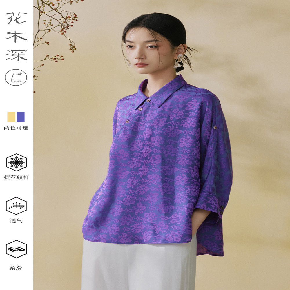 Huamu deep retro lapel shirt women s new Chinese style top light national style bottoming shirt jacquard new bat sleeve shirt image 0