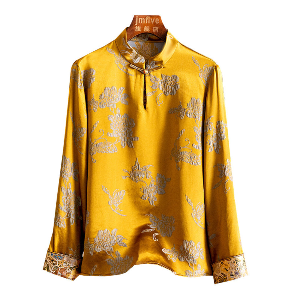 New Chinese style silk jacquard stand up collar shirt for women in the spring of 2025 New product Mulberry silk western style small shirt long sleeved top for women image 11
