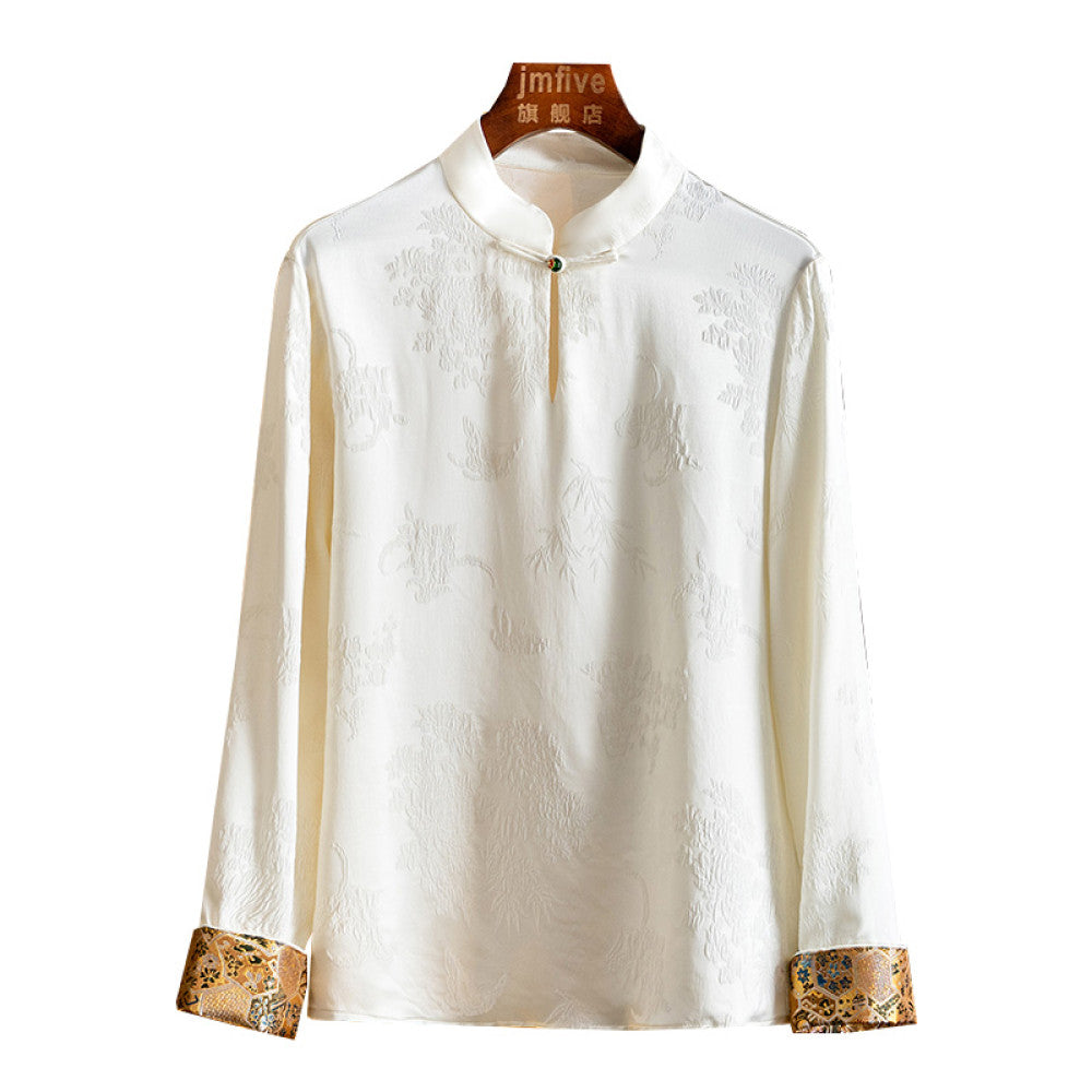 New Chinese style silk jacquard stand up collar shirt for women in the spring of 2025 New product Mulberry silk western style small shirt long sleeved top for women image 26