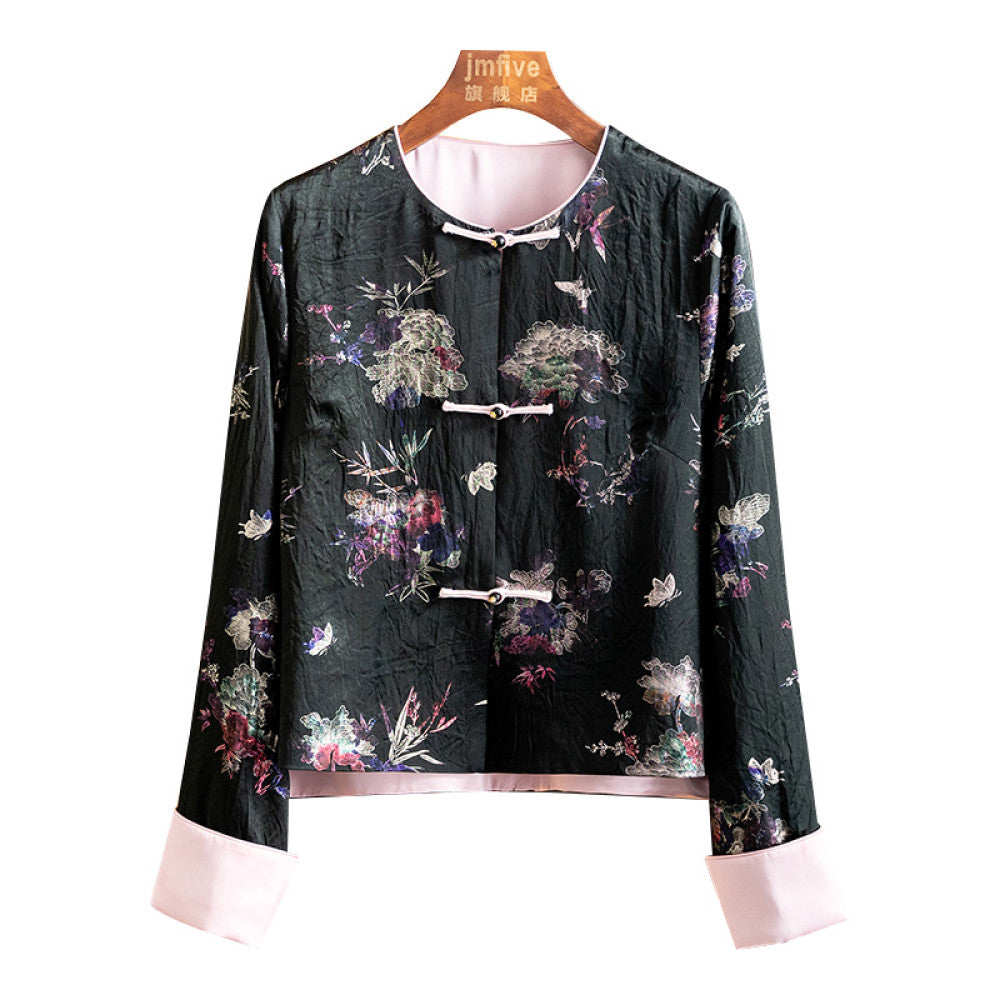 Advanced silk acetate jacquard jacket for women in spring 2025 retro loose new Chinese style top for women image 21