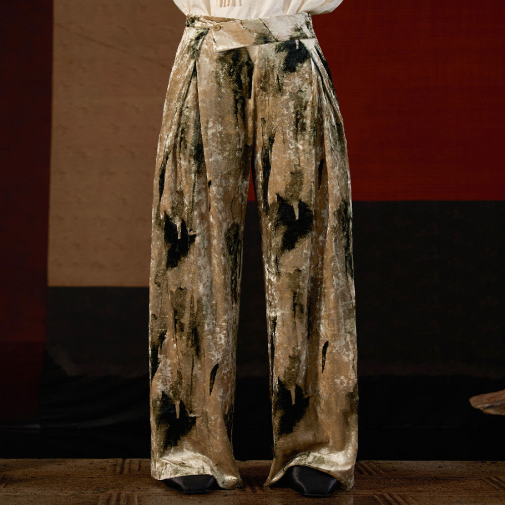 Inside and outside the original retro gold velvet print high waist high long wide leg pants mopping trousers J43K7084 image 1
