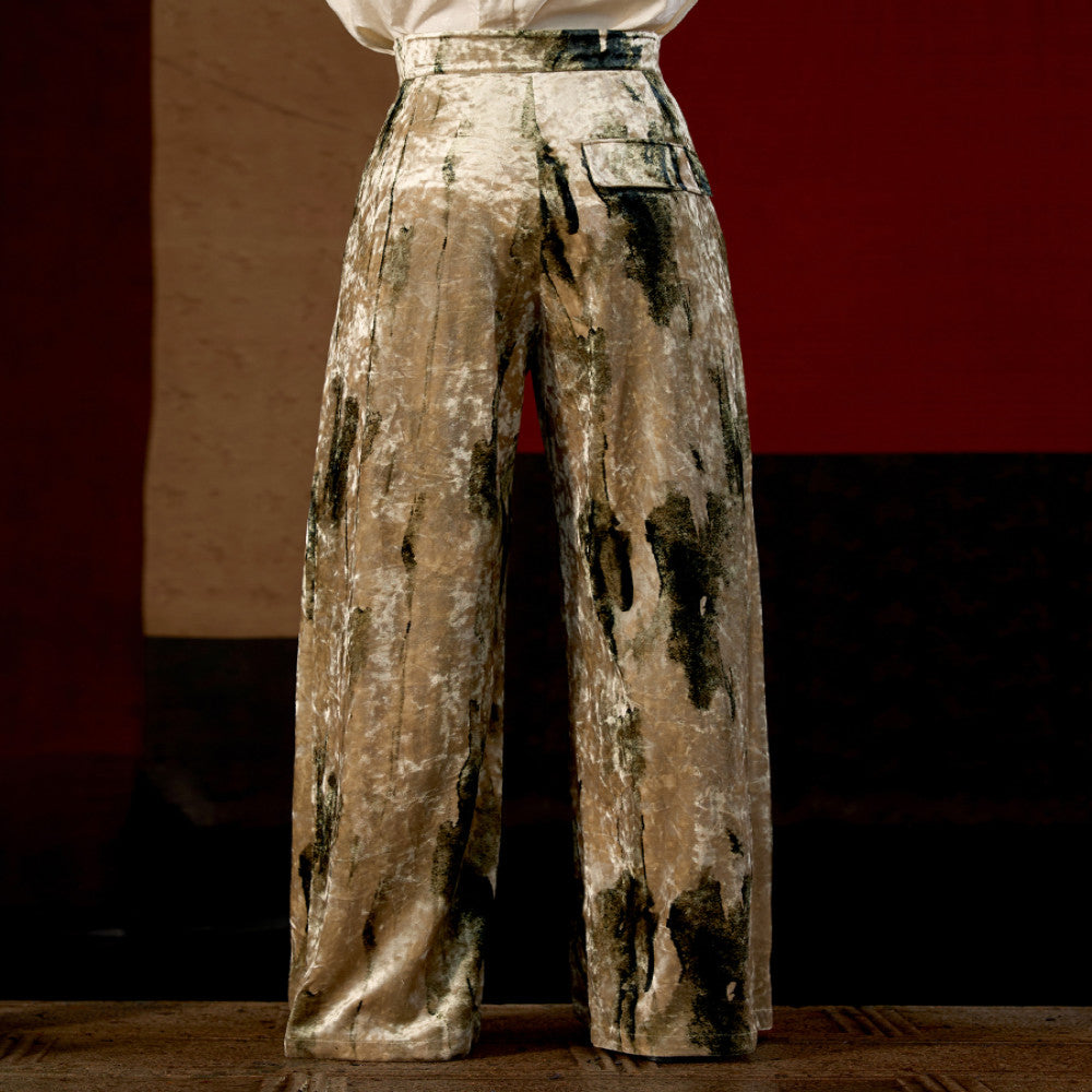Inside and outside the original retro gold velvet print high waist high long wide leg pants mopping trousers J43K7084 image 3