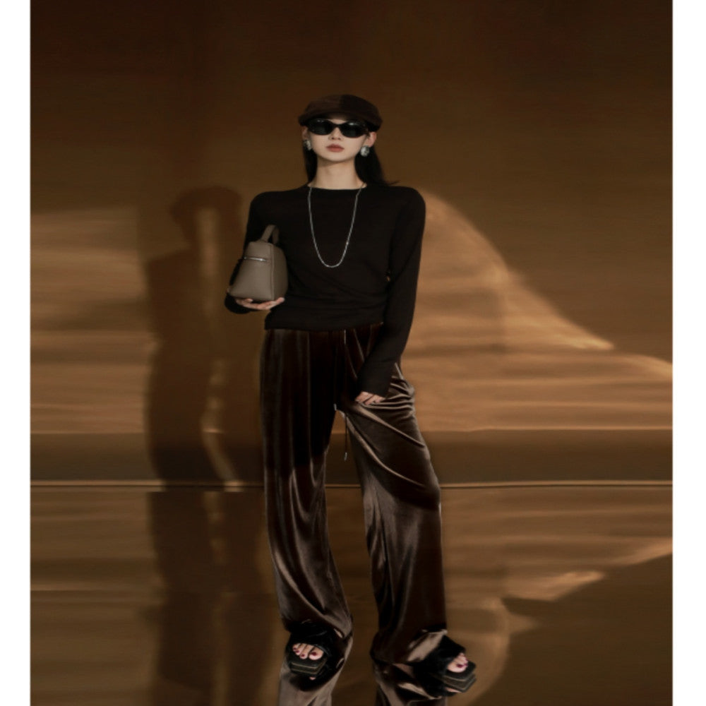PIAOIN light luxury velvet straight casual pants for women old money style intellectual elegant straight pants versatile pants for women autumn and winter image 5