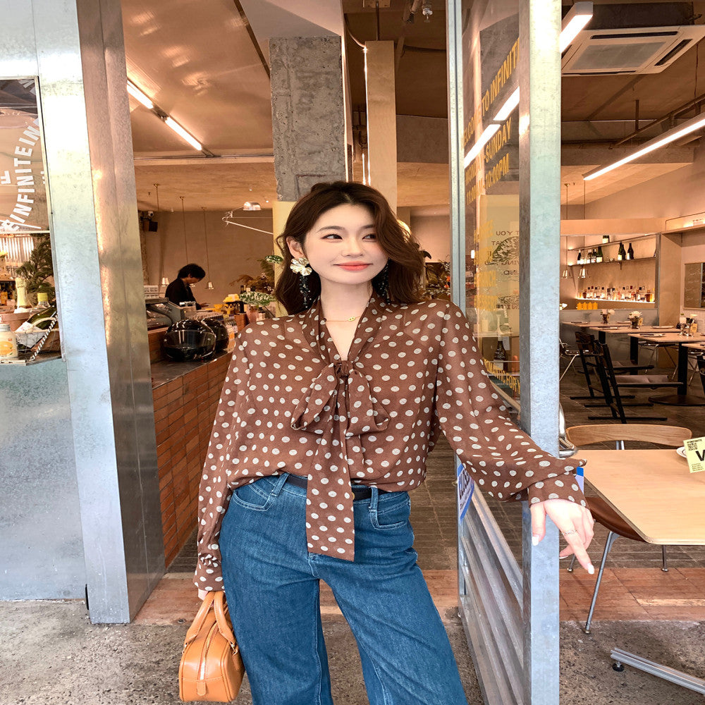 Syeee Town temperament ribbon long sleeved shirt for women s autumn and winter new style versatile and hanging slimming top image 0