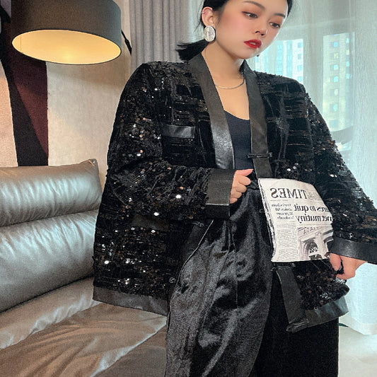 ASAYA4083 ✨ Sequin Black Chinese-Style Cardigan 💎
