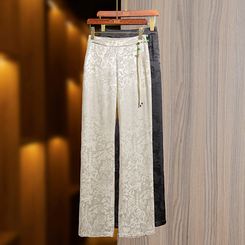 Tencel jacquard retro straight wide leg pants women s 2024 new waist national style new Chinese style all match casual pants trousers image 1