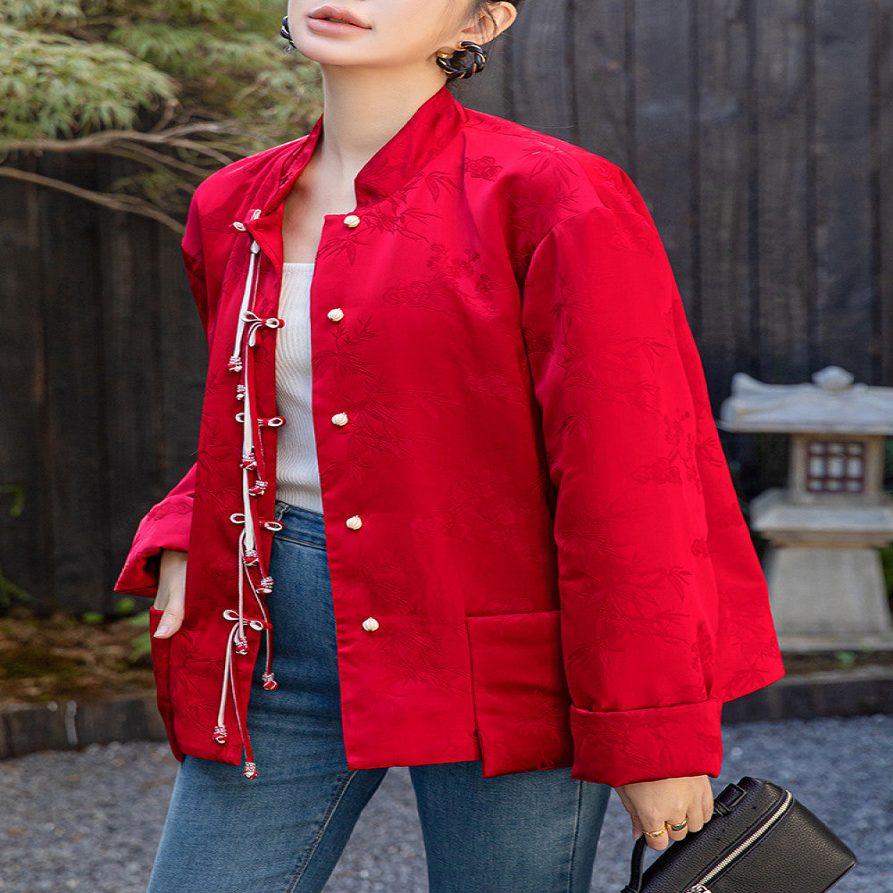 Red New Chinese style Acetic Acid National Style Cotton Coat Cotton Robe Women s Autumn and Winter New Style Improved Pan Button National Style Cotton Jacket Top image 1