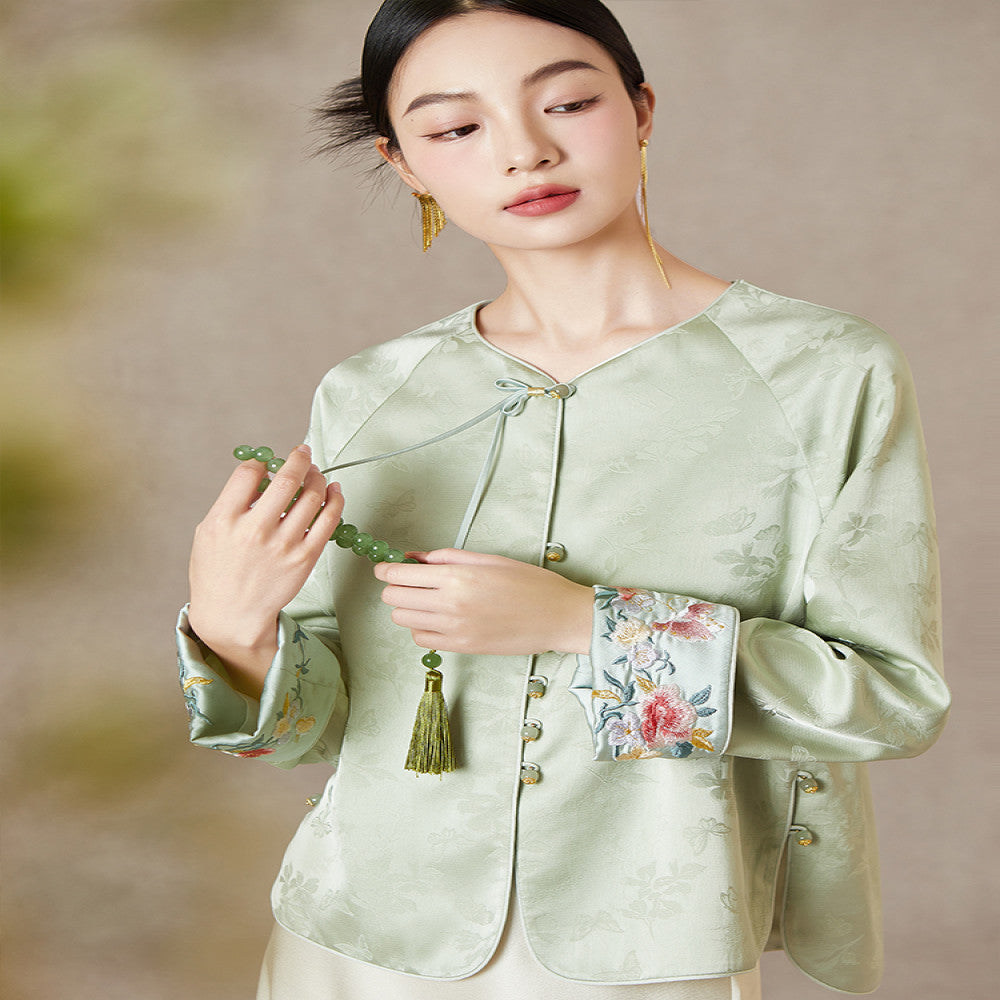 QS straw Xi Spring and Autumn new style improved Chinese style round neck jacket jacquard handmade buckle slimming embroidered top image 0