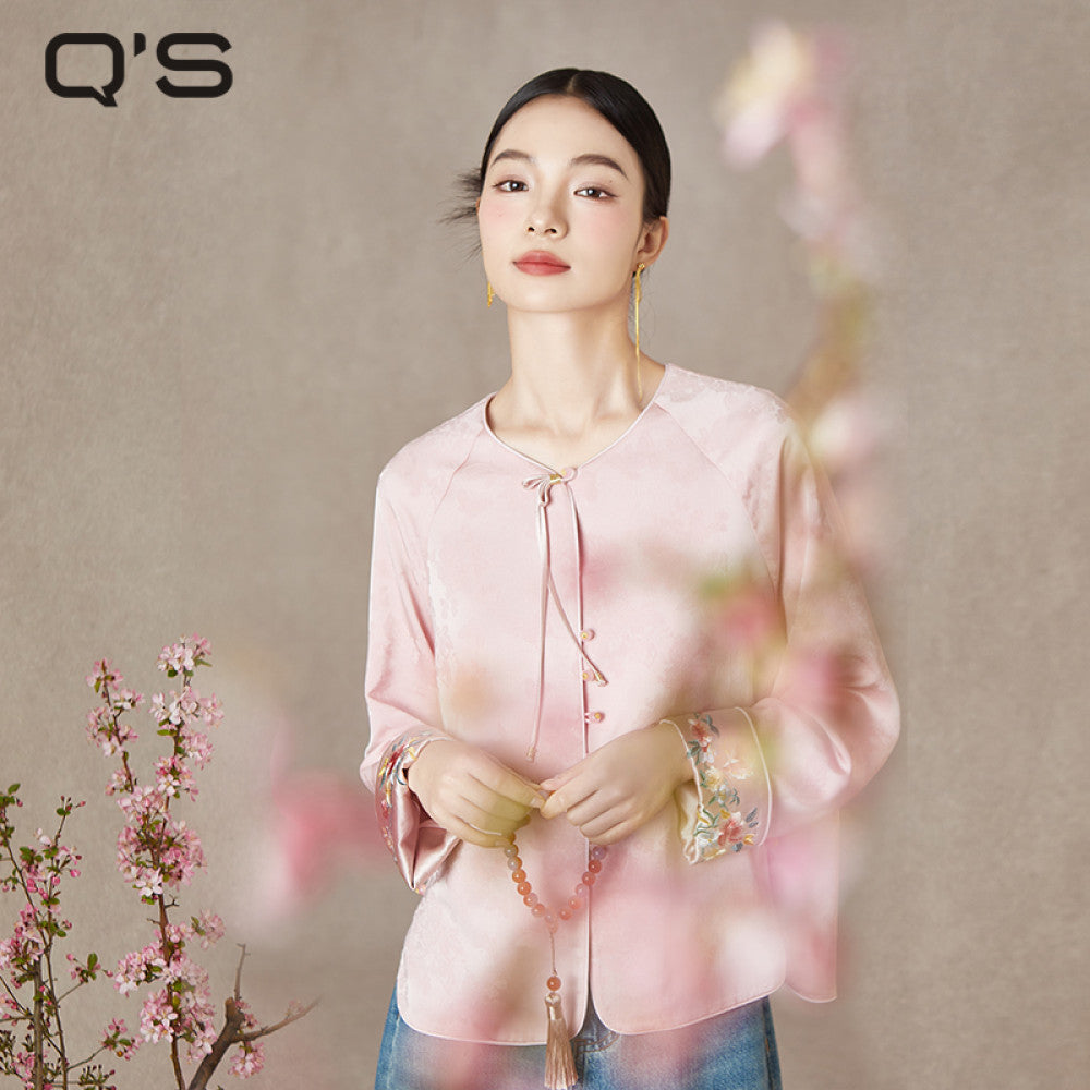 QS straw Xi Spring and Autumn new style improved Chinese style round neck jacket jacquard handmade buckle slimming embroidered top image 7