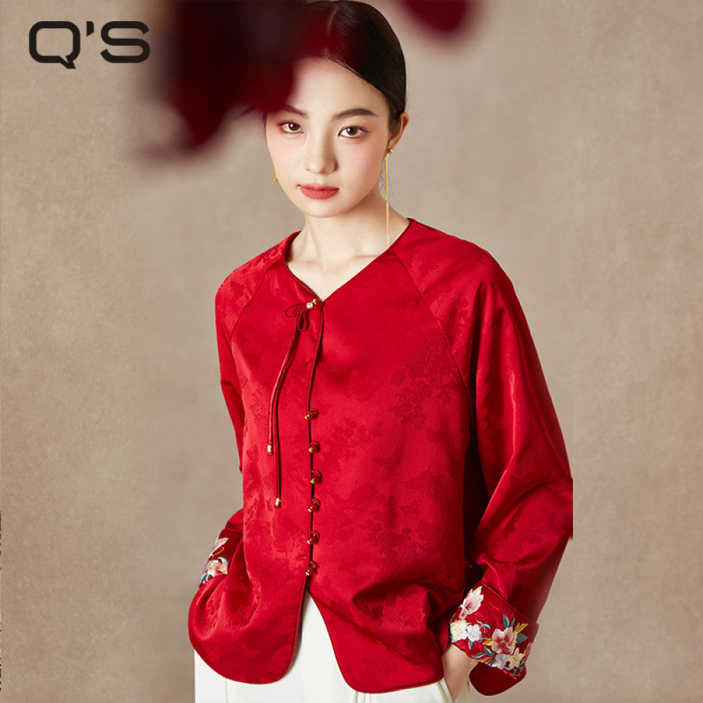 QS straw Xi Spring and Autumn new style improved Chinese style round neck jacket jacquard handmade buckle slimming embroidered top image 15