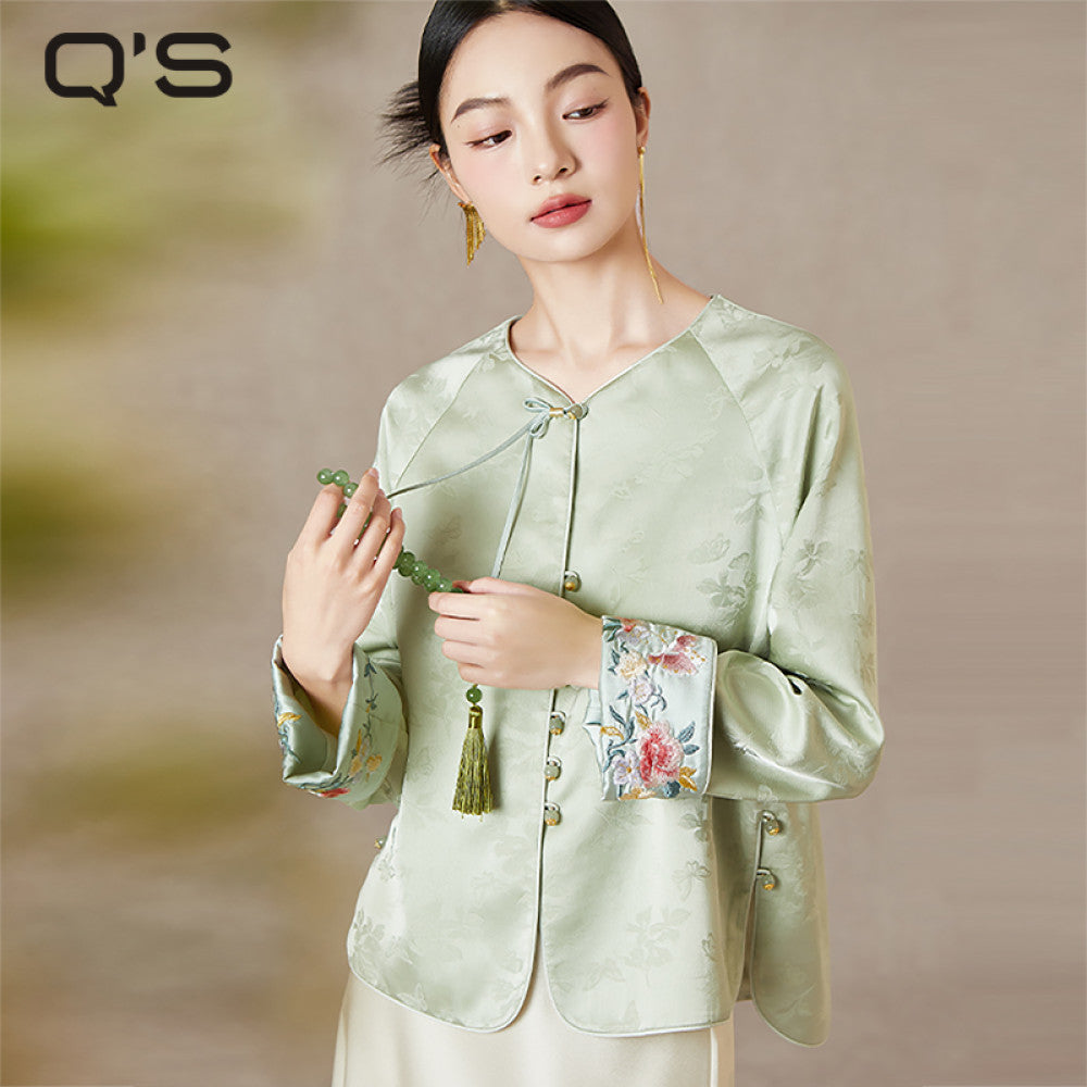 QS straw Xi Spring and Autumn new style improved Chinese style round neck jacket jacquard handmade buckle slimming embroidered top image 23