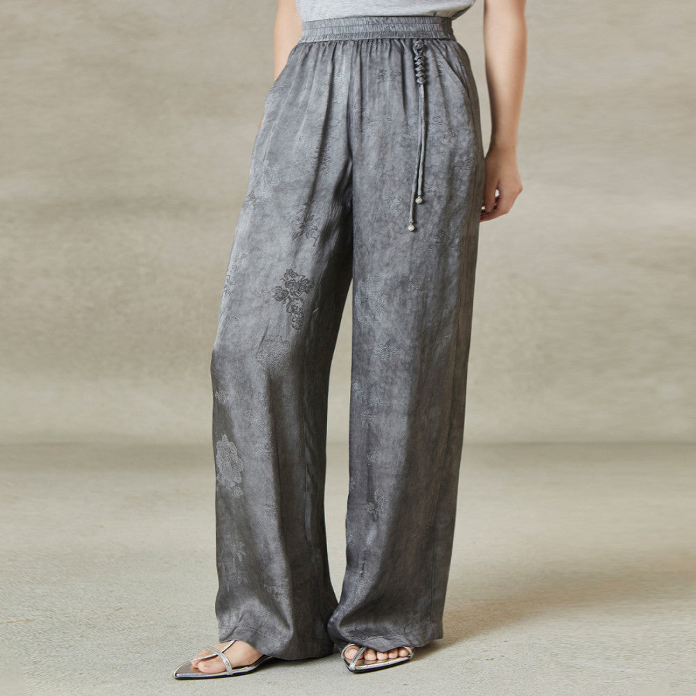 QS Jiexi summer new improved light national style wide leg casual pants hand knotted elastic slim jacquard trousers image 1