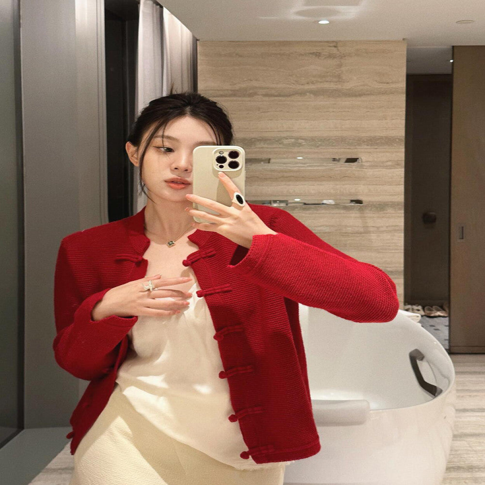 New Chinese style women s clothing 2025 new knitted cardigan buttoned top New Year s battle robe red jacket female autumn and winter image 6