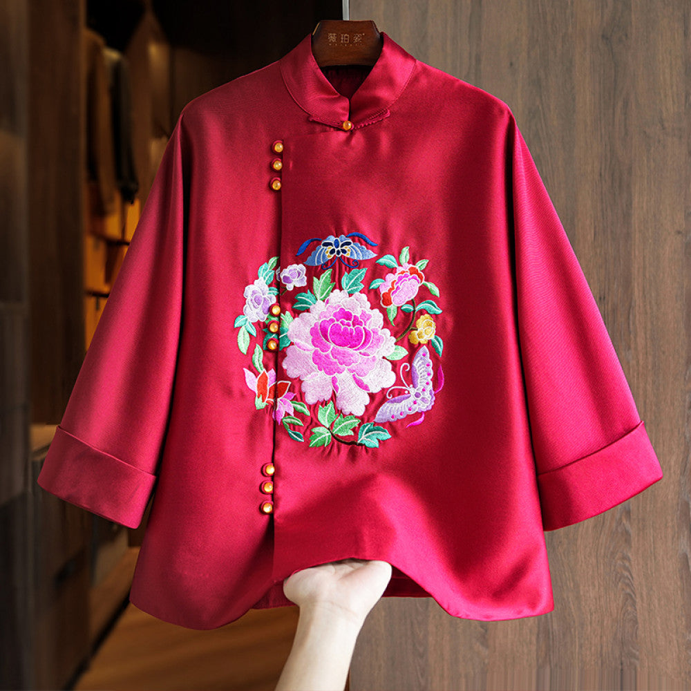 New Year red silk wool jacket for women spring and autumn style unique and beautiful heavy duty national trend embroidery new Chinese style top image 10