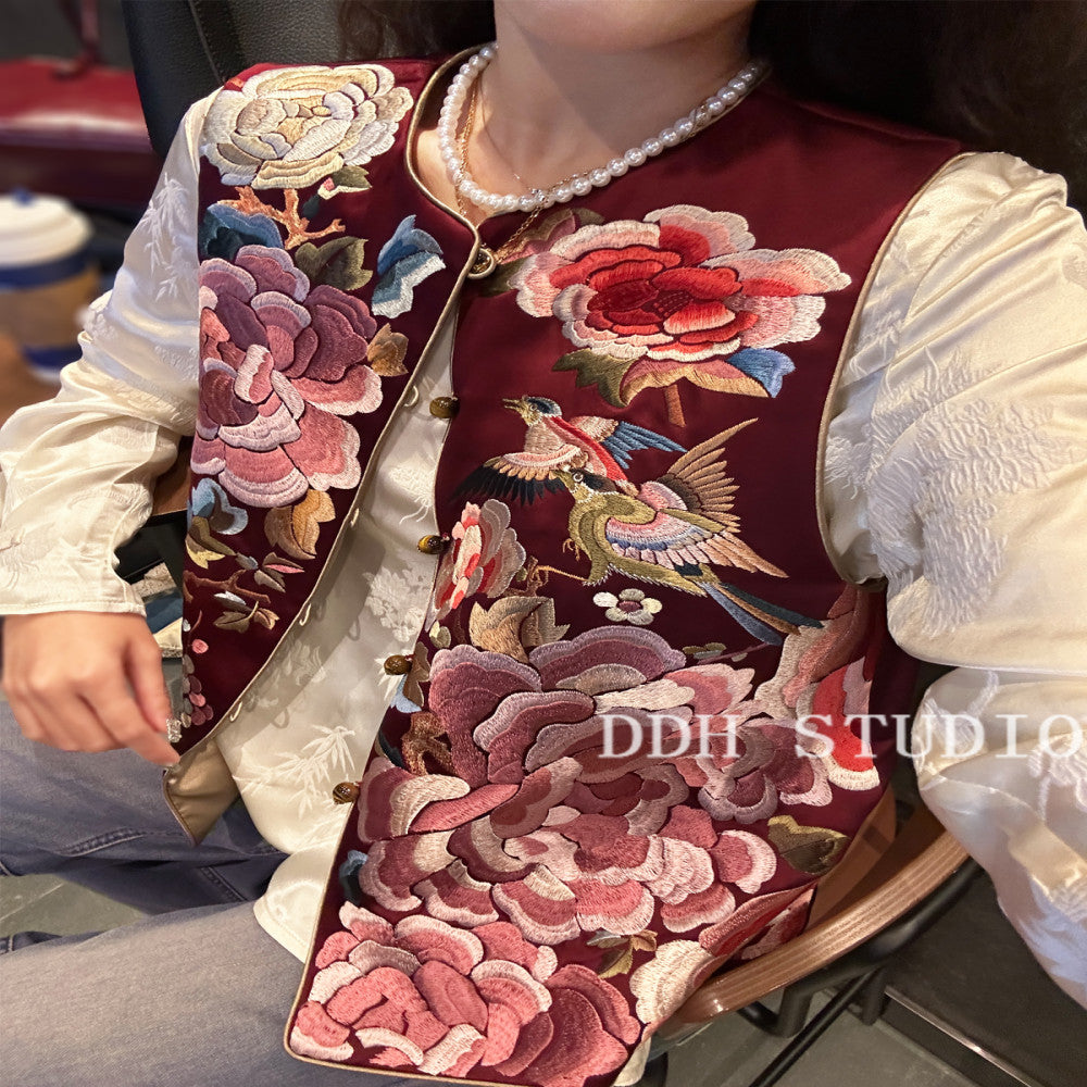 ASAYA4034: Elegant Burgundy Peony & Bird Embroidered Vest ✨