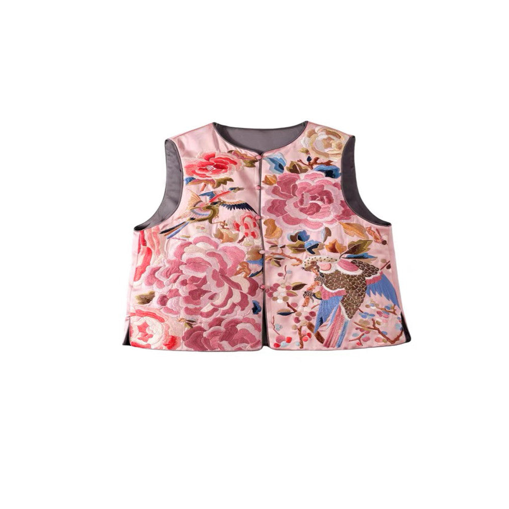 ASAYA4034: Elegant Burgundy Peony & Bird Embroidered Vest ✨