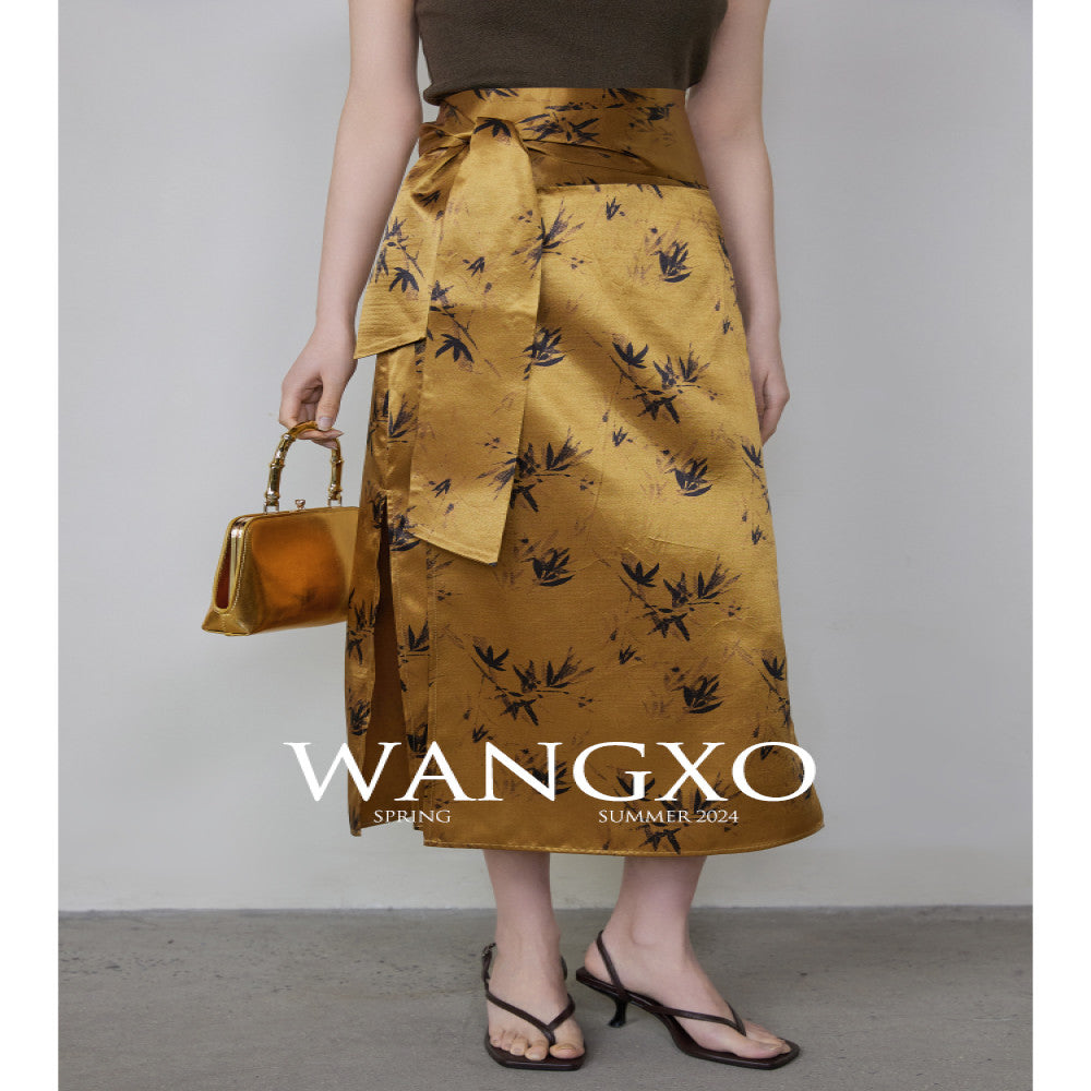 WANGXO Acetic Acid Texture Wrinkle Printing New Chinese Bamboo Leaf Pattern One Piece High Waist Strap Skirt image 1