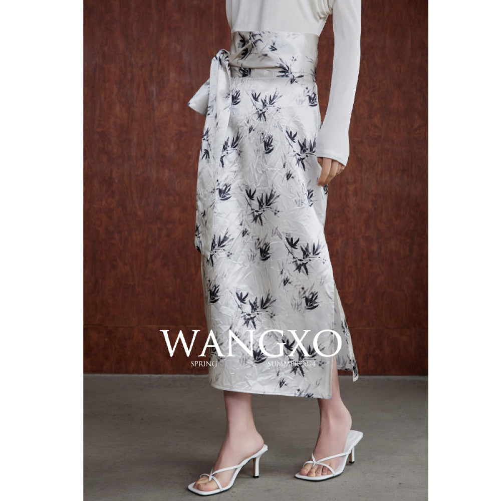 WANGXO Acetic Acid Texture Wrinkle Printing New Chinese Bamboo Leaf Pattern One Piece High Waist Strap Skirt image 7