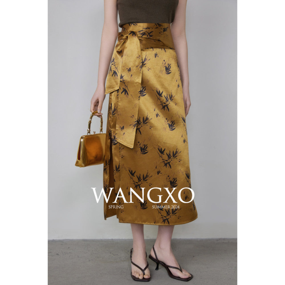 WANGXO Acetic Acid Texture Wrinkle Printing New Chinese Bamboo Leaf Pattern One Piece High Waist Strap Skirt image 12