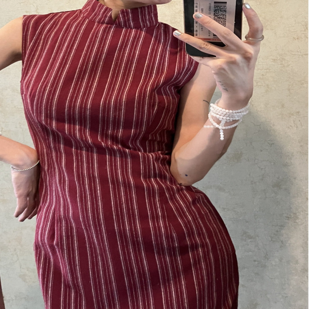 Spot Limponline High necked summer red striped long sleeveless new Chinese style improved cheongsam image 1