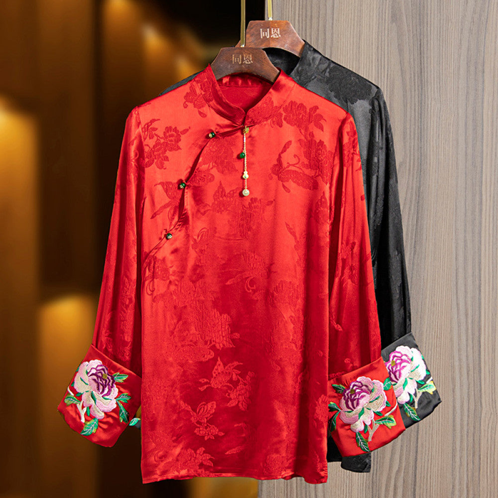 Red silk tops for women 2024 early spring new embroidery retro loose versatile national style new Chinese jacquard shirt image 1