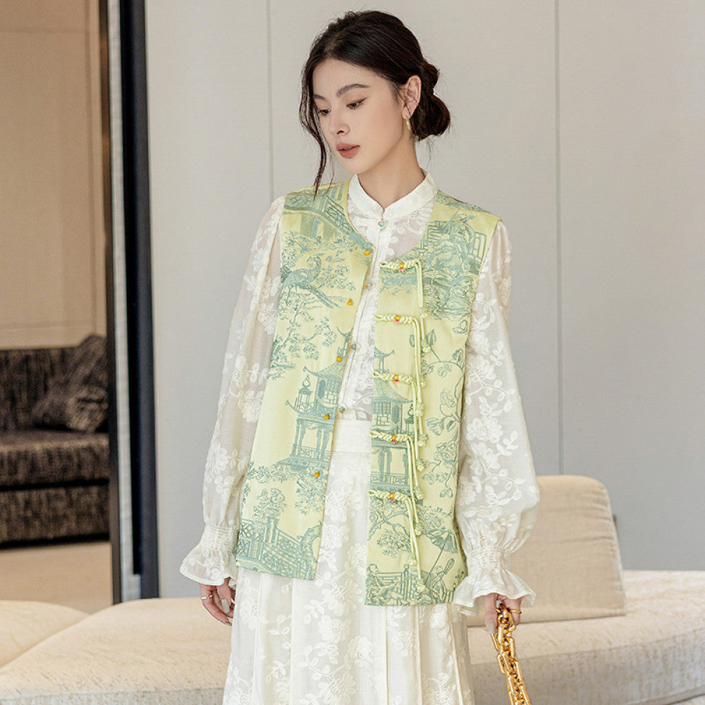 Red high end embroidery new Chinese style buttoned acetate vest vest women s retro improved round neck national style top jacket image 17