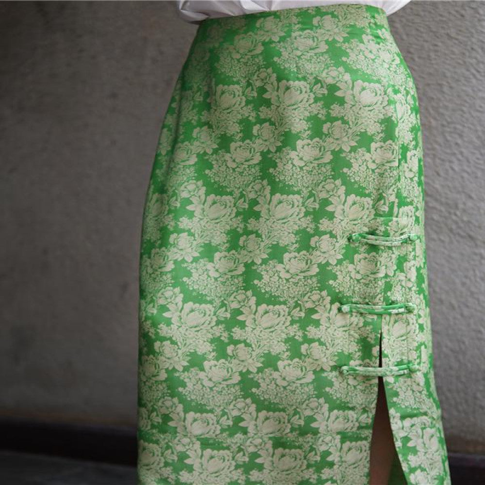 Yang Mi s same jacquard silk half skirt with high waist side slit buckle versatile Chinese style new Chinese style slimming F3220 image 1