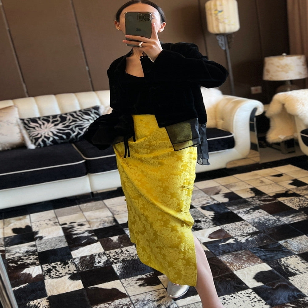 ASAYA4002 Luxurious Silk Floral Jacquard Chinese Style Skirt – Elegance Redefined