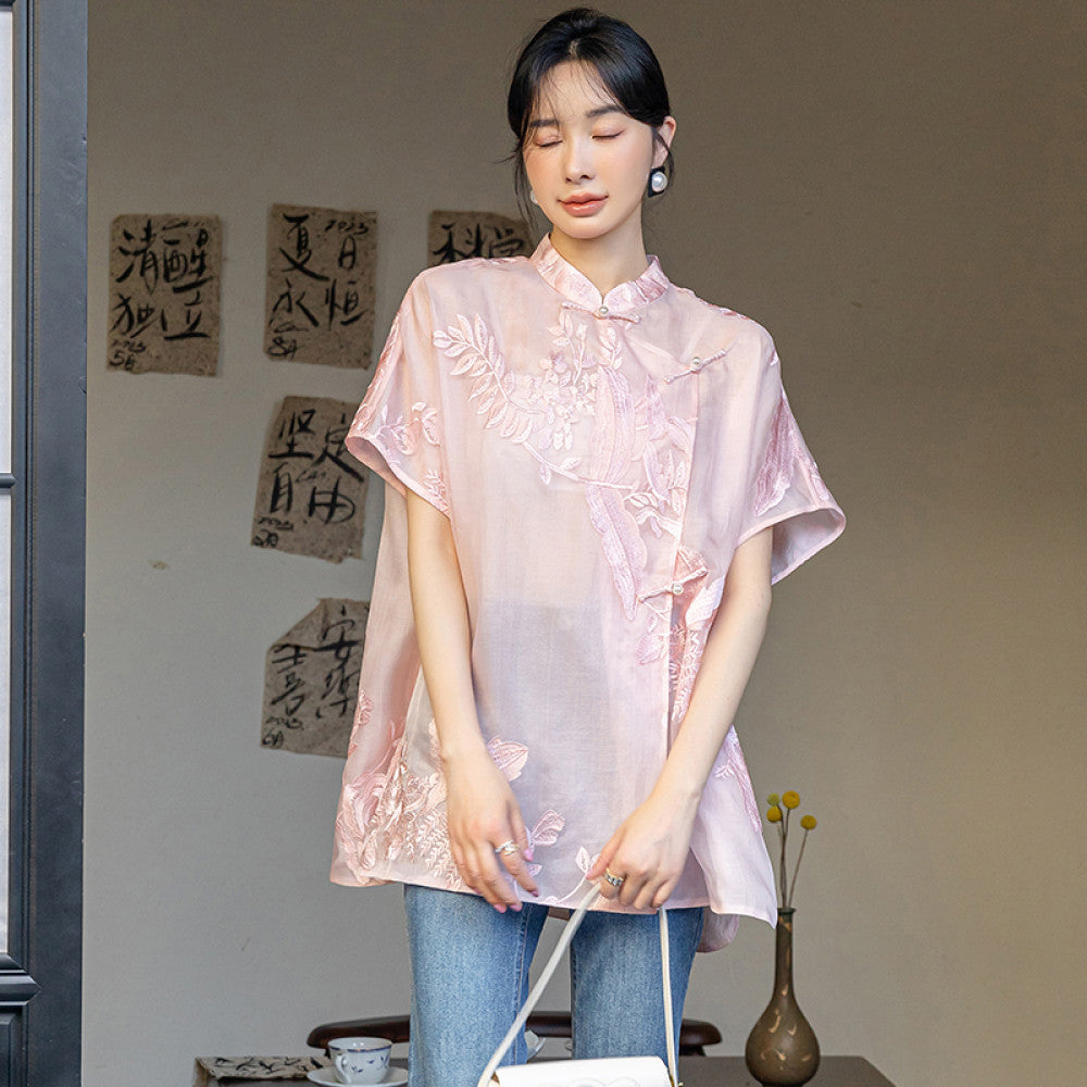 Pink covered ancient embroidered silk shirt women s summer improved new Chinese style improved button loose mulberry silk top image 2