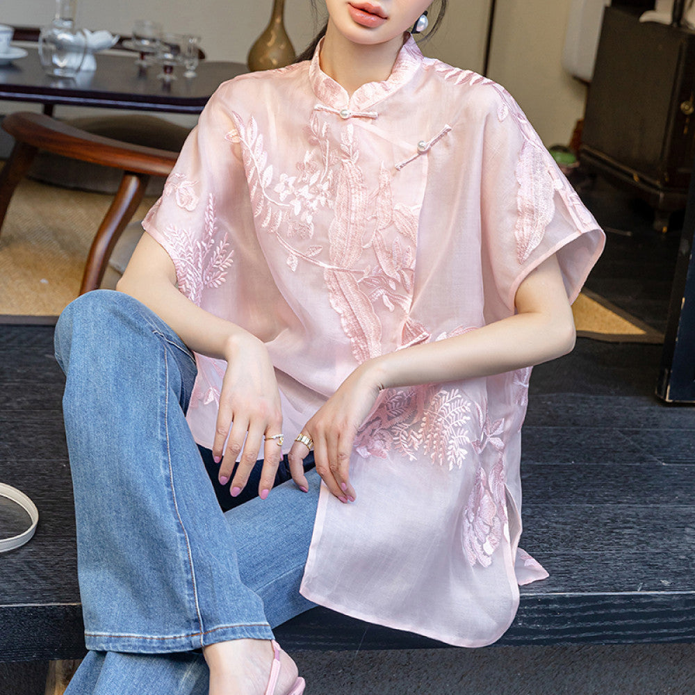 Pink covered ancient embroidered silk shirt women s summer improved new Chinese style improved button loose mulberry silk top image 3