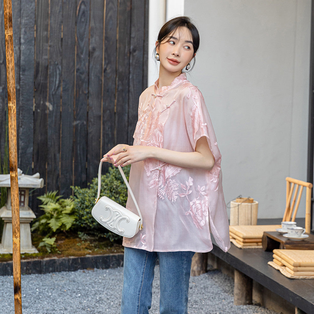 Pink covered ancient embroidered silk shirt women s summer improved new Chinese style improved button loose mulberry silk top image 4