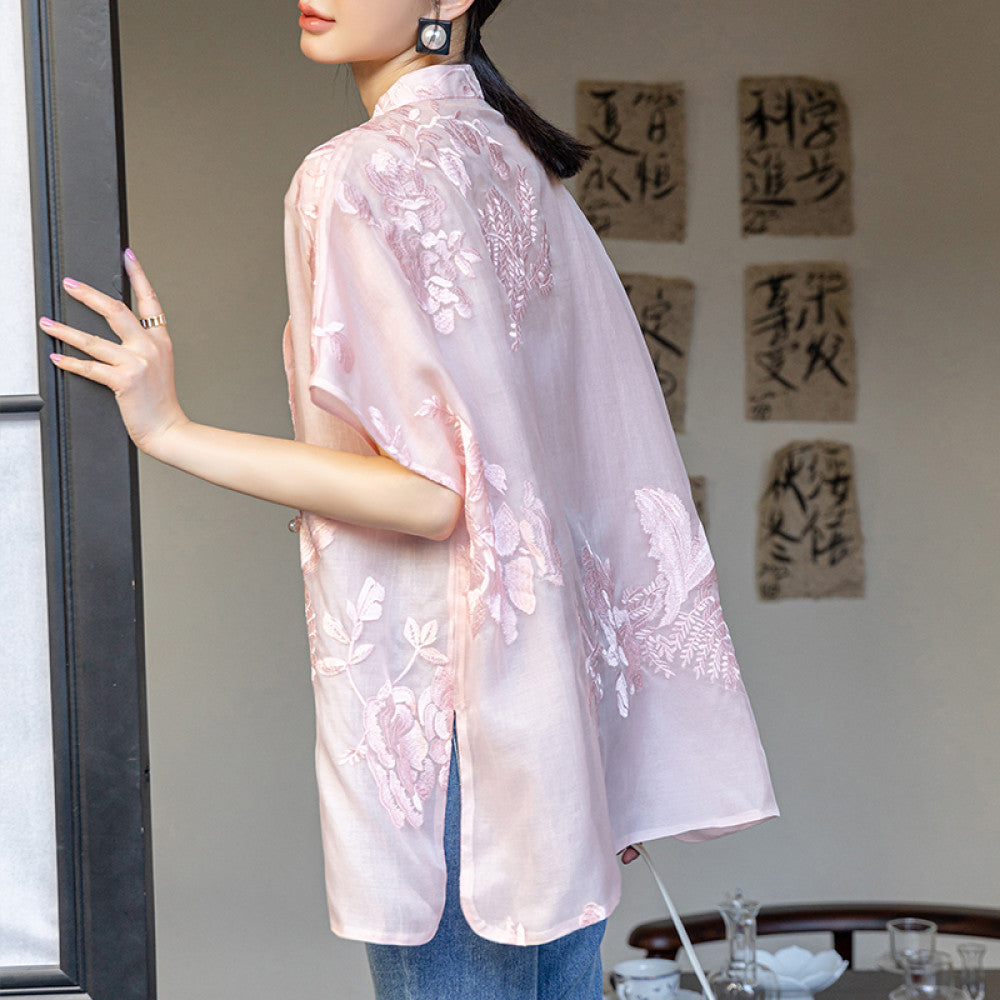 Pink covered ancient embroidered silk shirt women s summer improved new Chinese style improved button loose mulberry silk top image 5