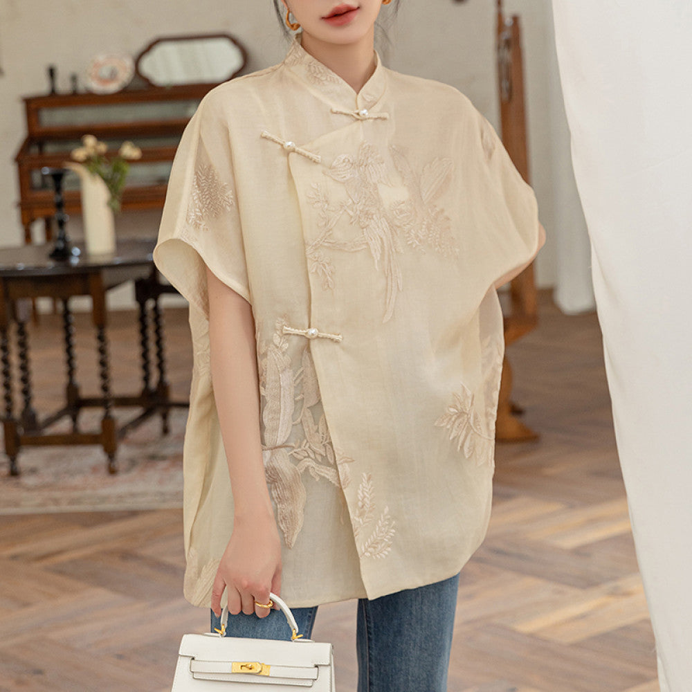 Pink covered ancient embroidered silk shirt women s summer improved new Chinese style improved button loose mulberry silk top image 8