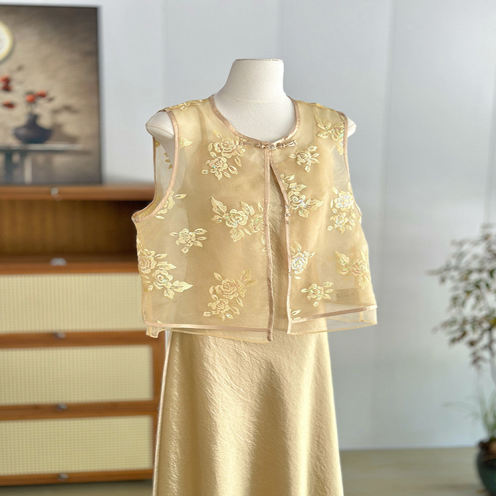 Yellow new Chinese style flower embroidered vest women s summer thin vest national style two piece suit young organza waistcoat image 0