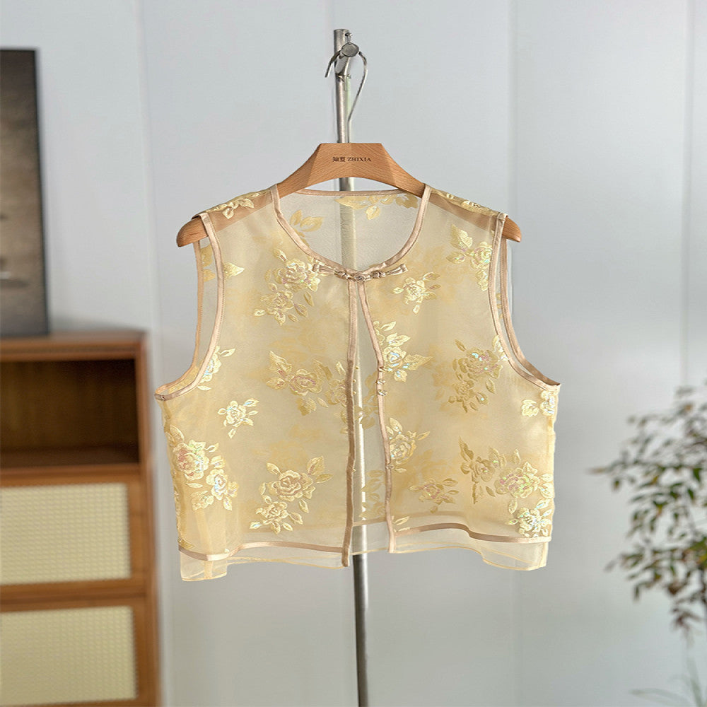 Yellow new Chinese style flower embroidered vest women s summer thin vest national style two piece suit young organza waistcoat image 6