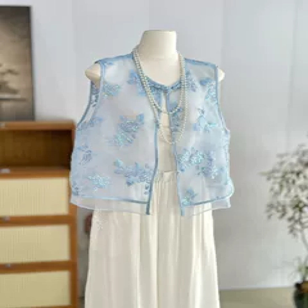 Yellow new Chinese style flower embroidered vest women s summer thin vest national style two piece suit young organza waistcoat image 11