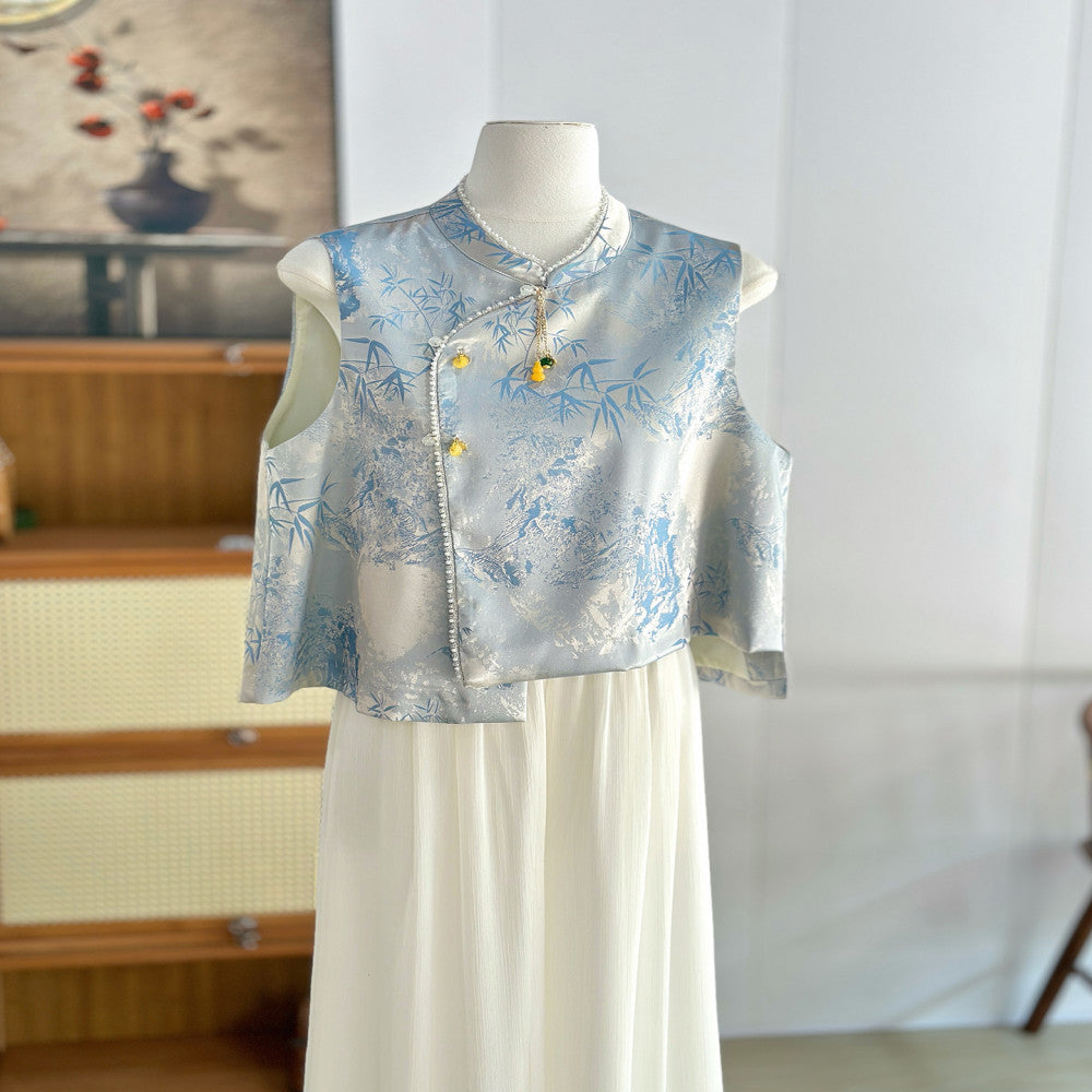 Blue new Chinese style vest women s sleeveless thin vest young style ethnic style high end imitation silk Tang suit top image 7