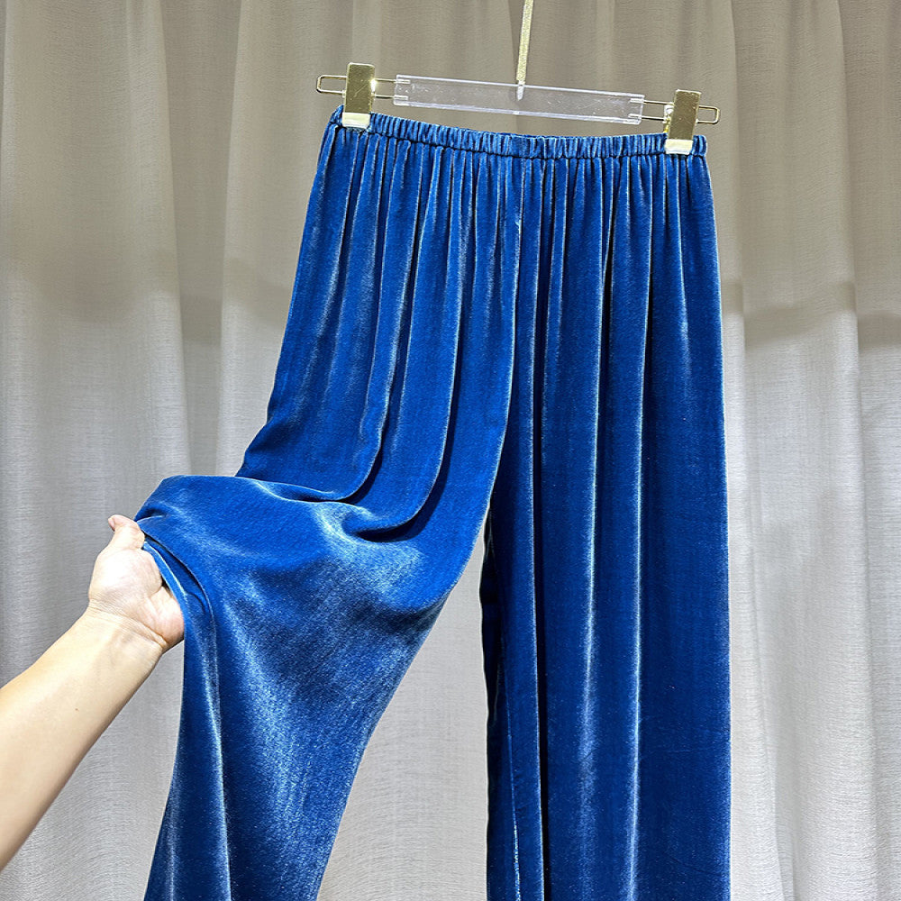 High end velvet pants for women fashionable silk velvet pants spring drape straight wide leg pants green velvet trousers image 13