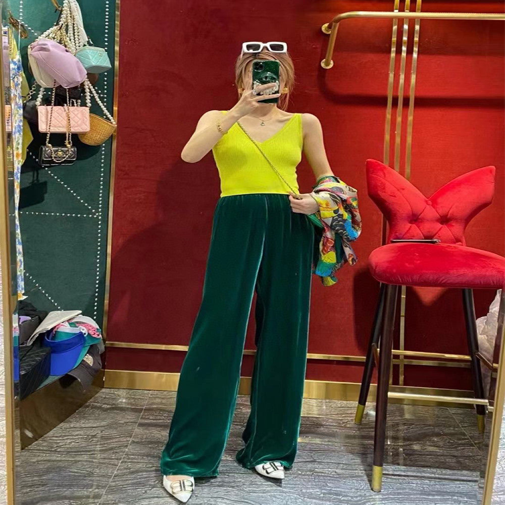 High end velvet pants for women fashionable silk velvet pants spring drape straight wide leg pants green velvet trousers image 32