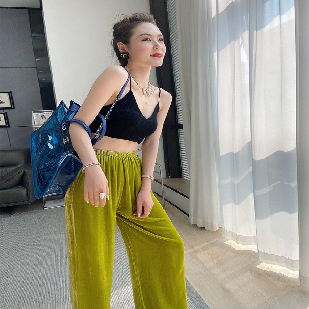 High end velvet pants for women fashionable silk velvet pants spring drape straight wide leg pants green velvet trousers image 33