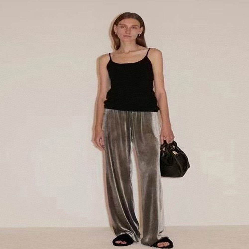 High end velvet pants for women fashionable silk velvet pants spring drape straight wide leg pants green velvet trousers image 58
