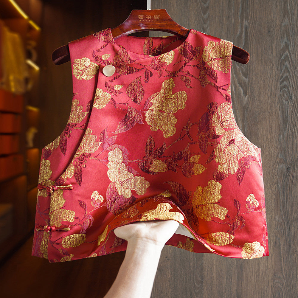 Red high end gold jacquard new Chinese style vest vest for women with improved oblique collar and buttons light national trend style layered top image 0