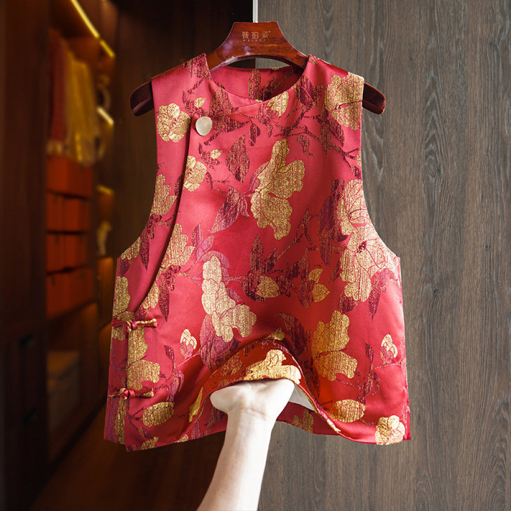 Red high end gold jacquard new Chinese style vest vest for women with improved oblique collar and buttons light national trend style layered top image 13