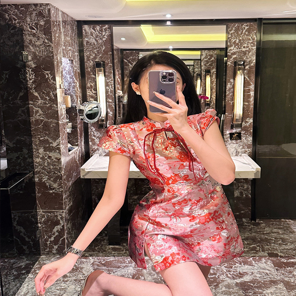 BETTER LS high end embroidered jacquard French retro Chanel style cheongsam dress slim floral short skirt image 3