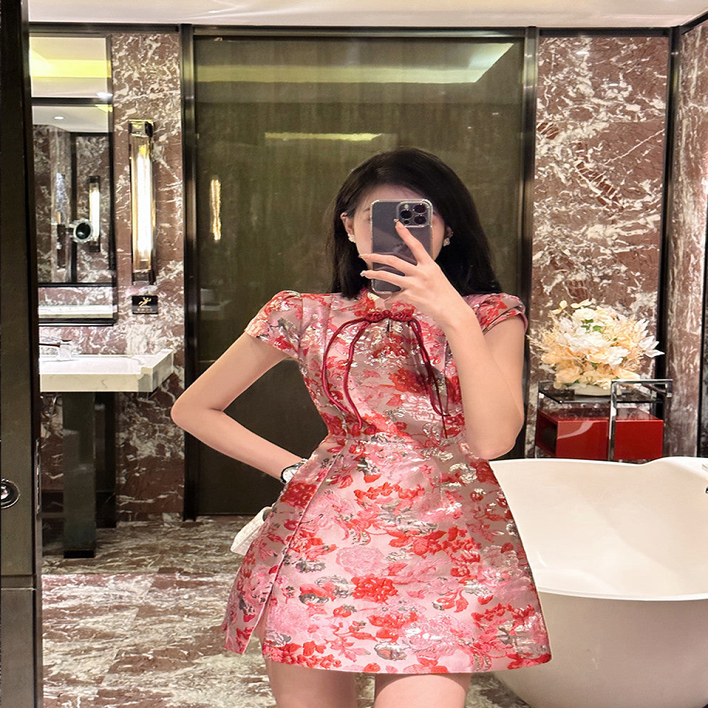 BETTER LS high end embroidered jacquard French retro Chanel style cheongsam dress slim floral short skirt image 4
