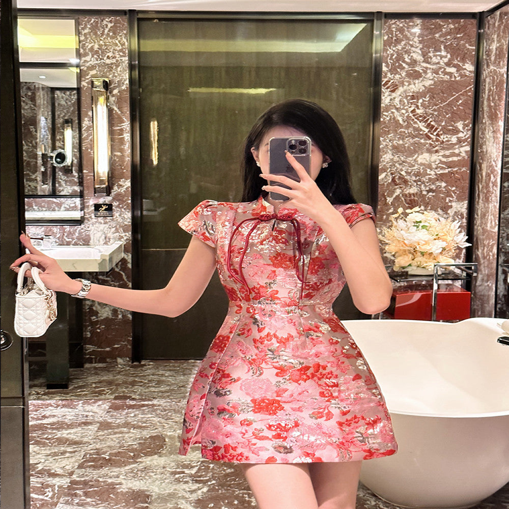 BETTER LS high end embroidered jacquard French retro Chanel style cheongsam dress slim floral short skirt image 5