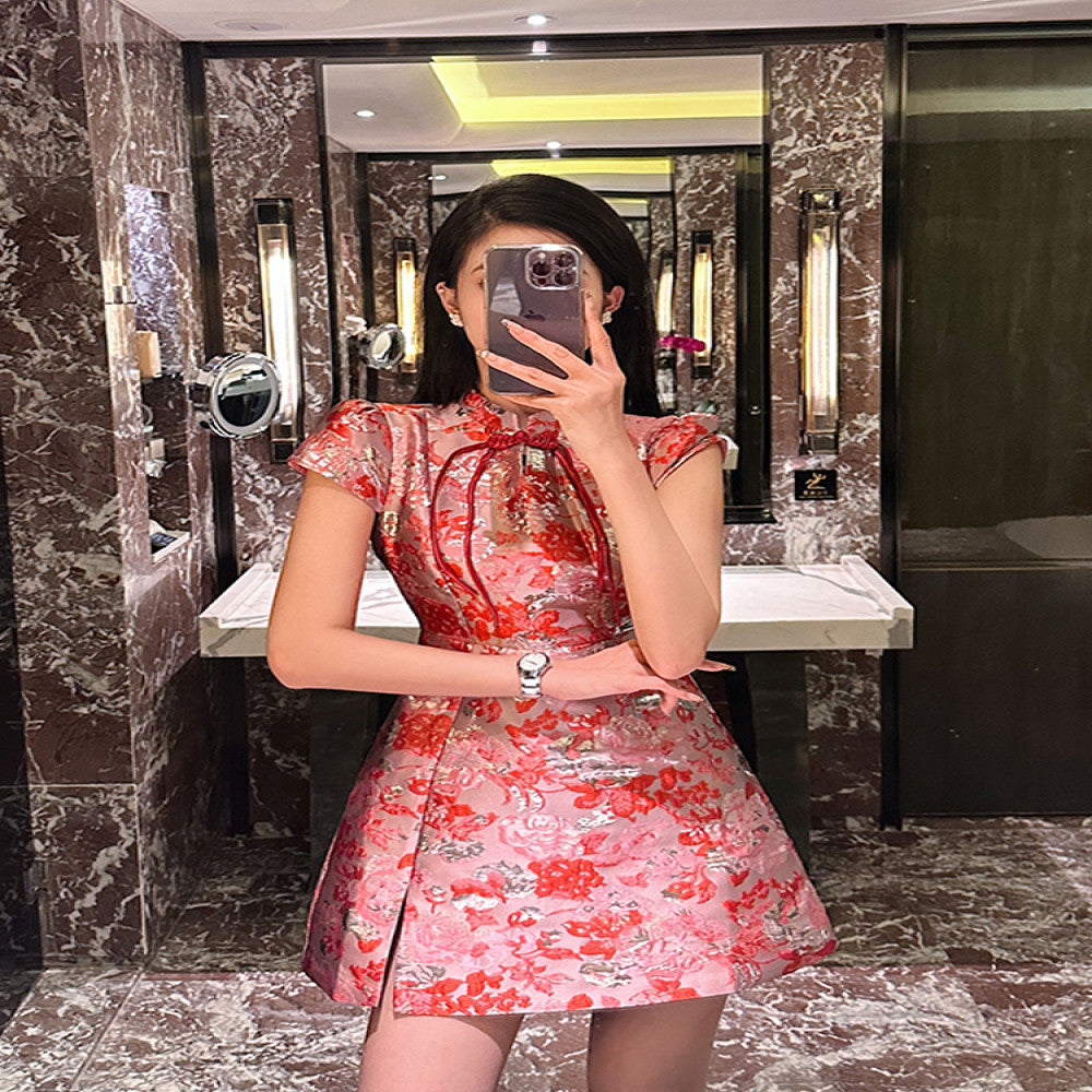 BETTER LS high end embroidered jacquard French retro Chanel style cheongsam dress slim floral short skirt image 0