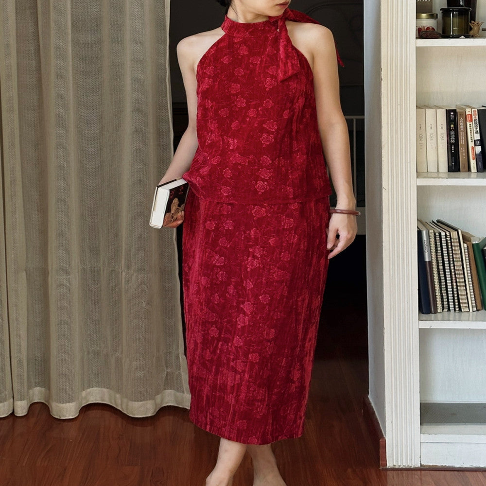 Srose Zhu Ying Retro Red Jacquard Velvet Dress Set New Chinese Style Two Piece Set New image 1